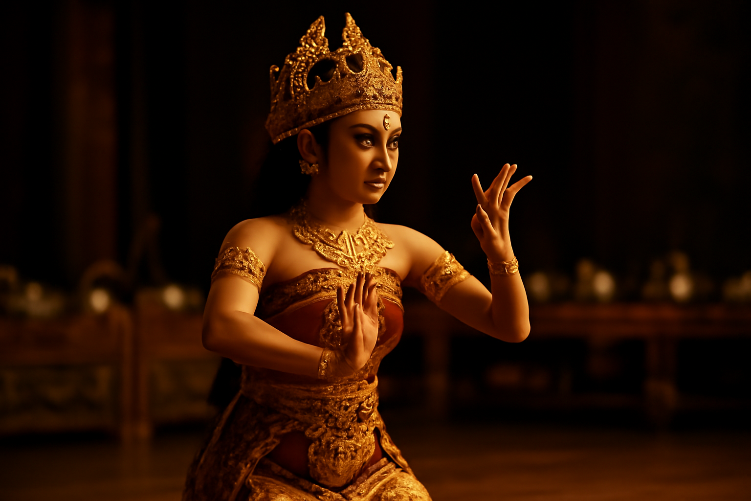 Penari tradisional Indonesia memperagakan gerak tangan halus di atas panggung dengan iringan gamelan