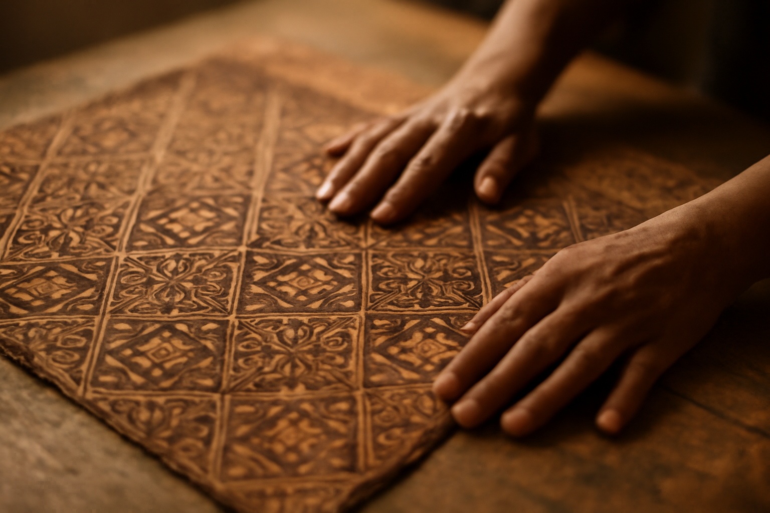 Kain batik bermotif geometris dibentangkan di meja kayu untuk diamati polanya