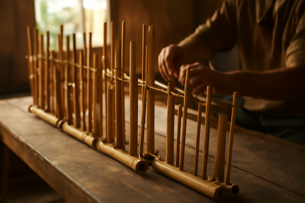 Deretan angklung bambu di atas meja kayu dalam sanggar seni komunitas