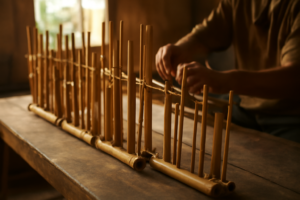 Deretan angklung bambu di atas meja kayu dalam sanggar seni komunitas