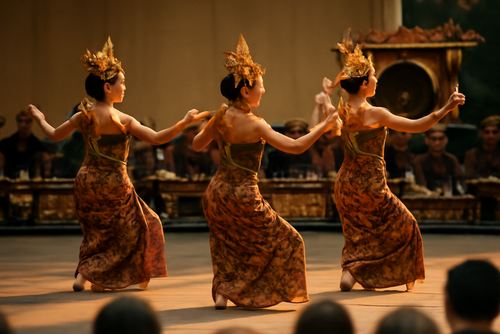 Penari tradisional Indonesia sedang tampil di panggung dengan kostum dan aksesori khas, diiringi musik gamelan.