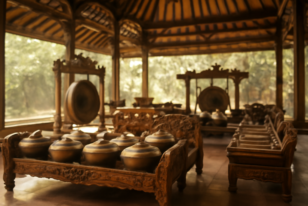 Satu perangkat gamelan Jawa dengan gong dan instrumen bilah logam di pendopo