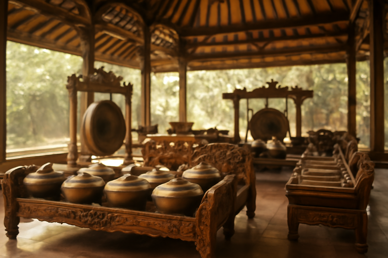 Satu perangkat gamelan Jawa dengan gong dan instrumen bilah logam di pendopo